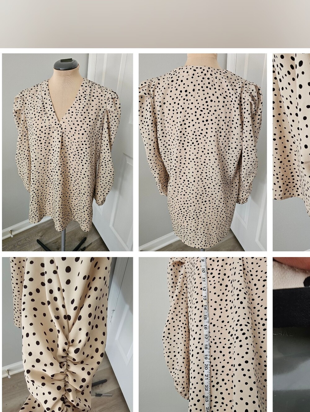 ELA Used Women's Beige Polka Dot V-Neck Blouse
